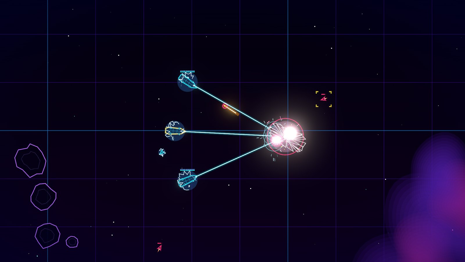 StrikeStar gameplay: three destroyers' beams converge on an exploding battleship