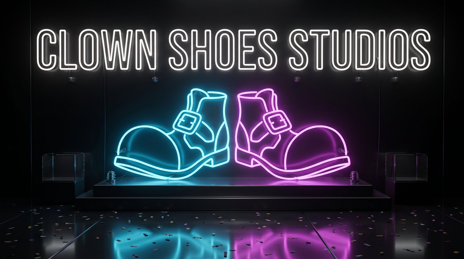 Clown Shoes Studios: a neon sign of the studio name above two glowing clown shoes, one cyan and one pink